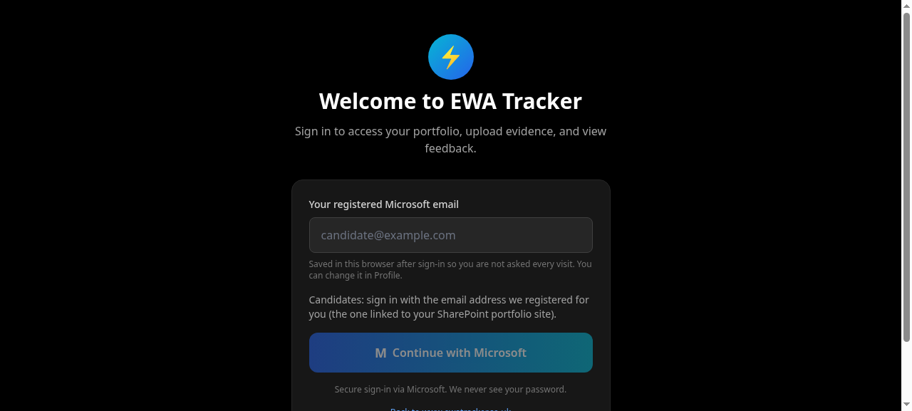 EWA Tracker Web App secure Microsoft login